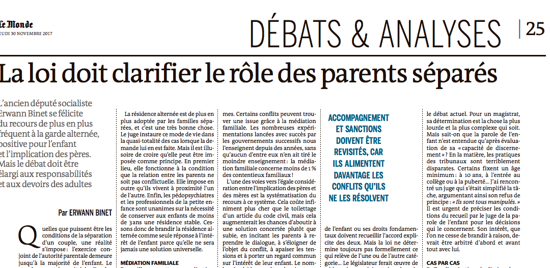 Résidence alternée; ma tribune dans Le Monde